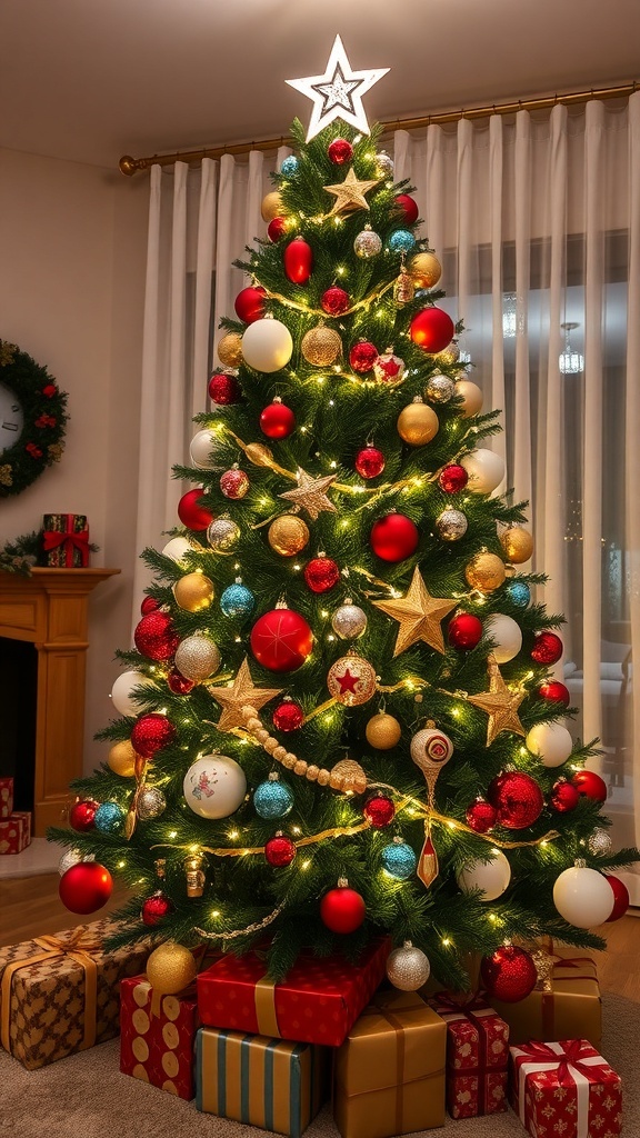 Christmas Tree Ornament Hanging Guide A decorated Christmas tree with colorful ornaments and lights in a cozy living room.